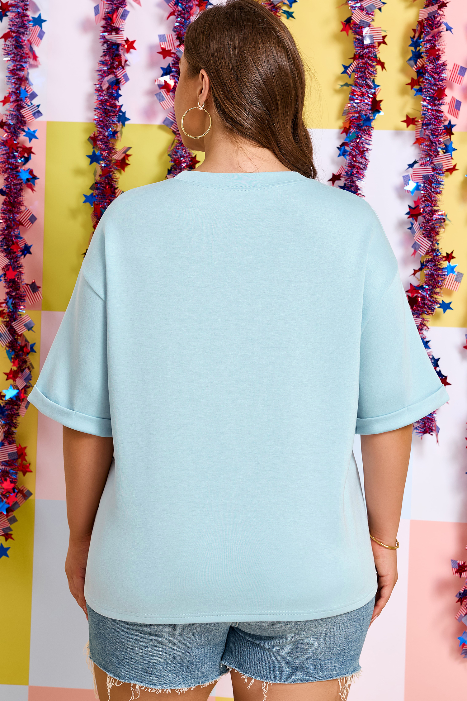 Plus Size Beau Blue  Patriotic Bow Patchwork Graphic T-Shirt