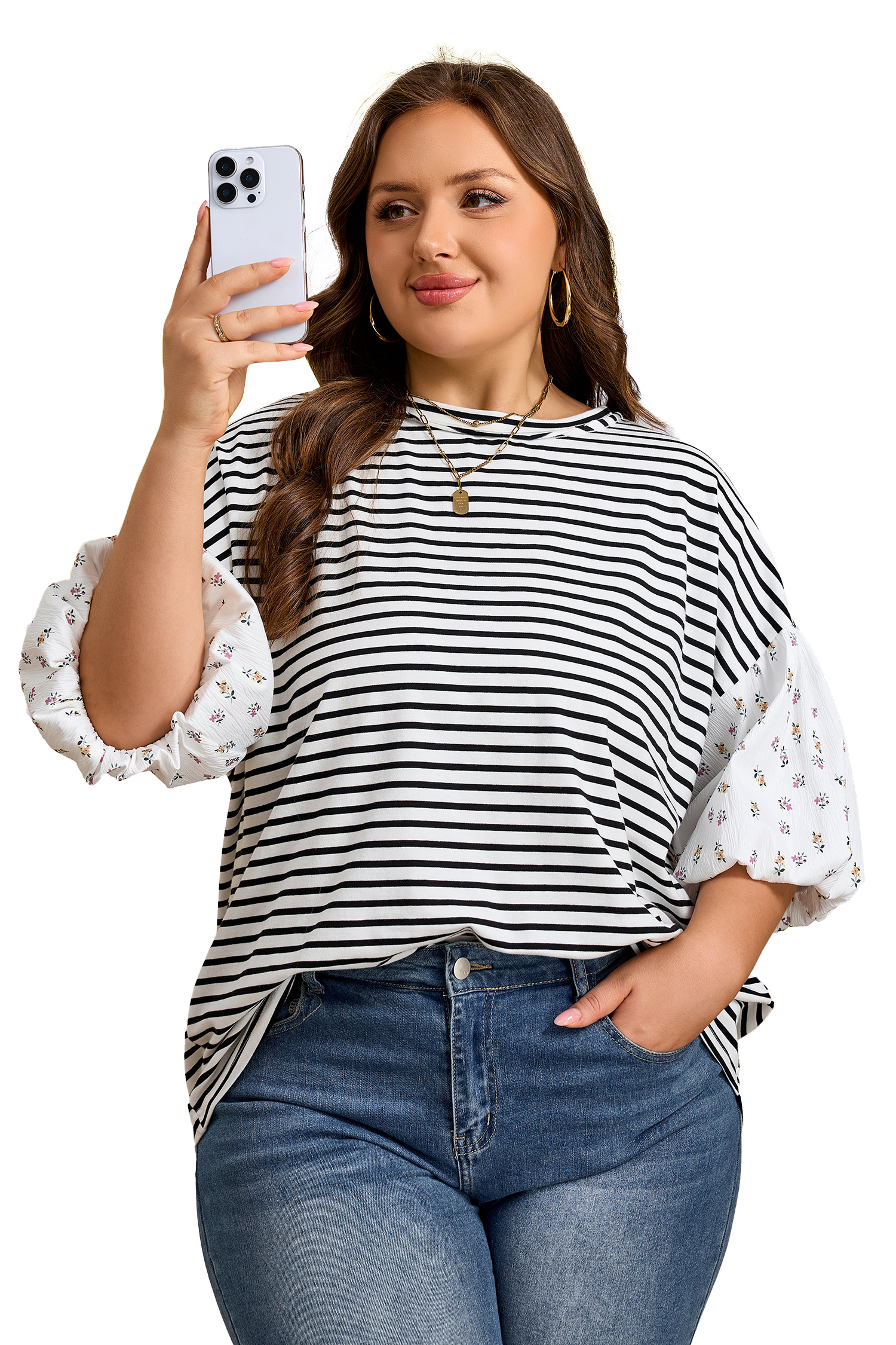 Plus Size Black Stripe  Striped Short Sleeve Top with Floral Puff Sleeves