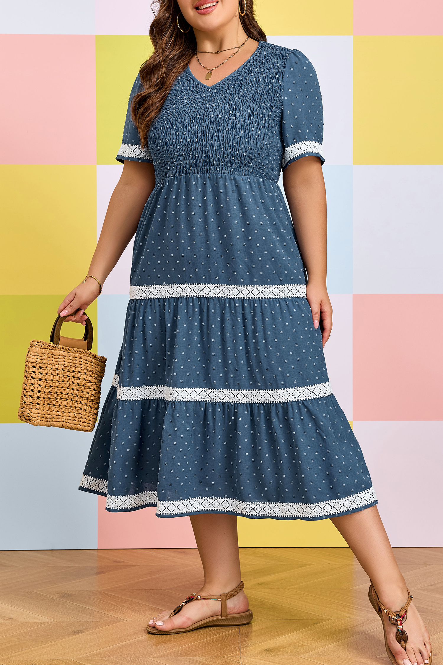 Plus Size Dusk Blue  V Neck Swiss Dot Lace Patchwork Detail Flared Midi Dress