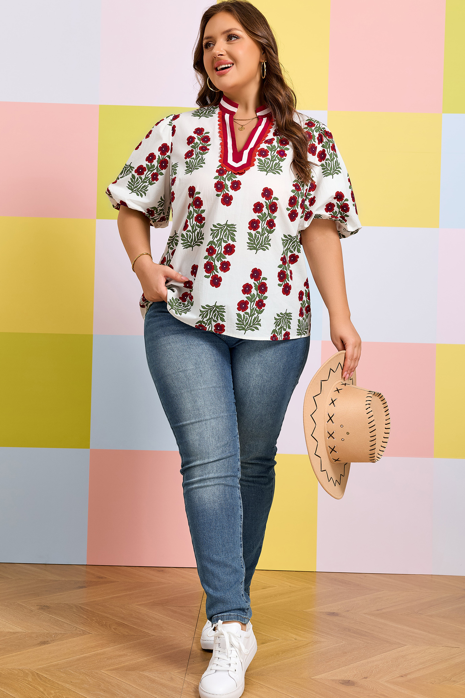 Plus Size White  Floral Print Ricrac Striped Trim Short Sleeve Cotton Blouse