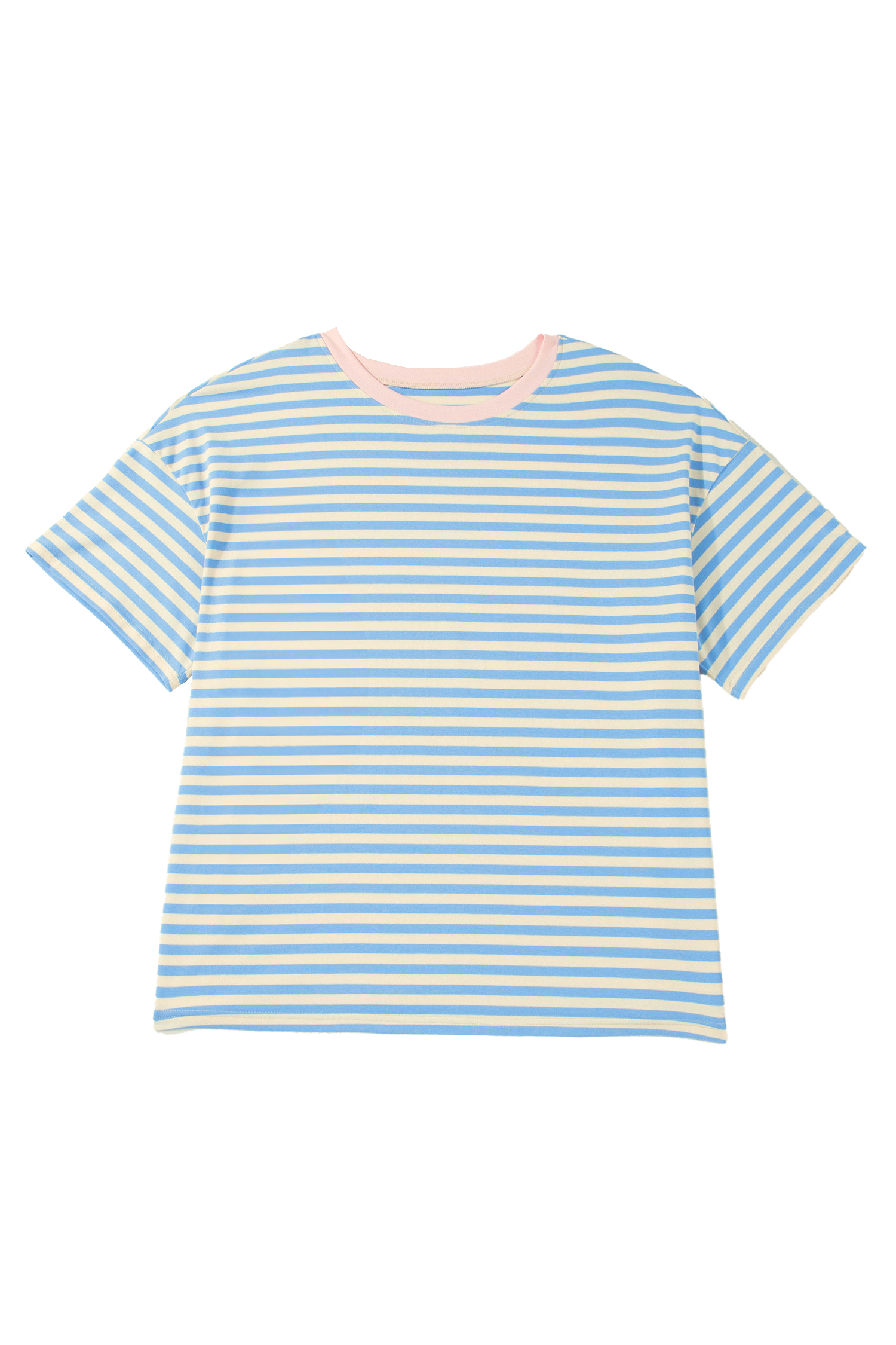 Plus Size Sky Blue Stripe  Drop Shoulder Contrast Trim Round Neck Tee