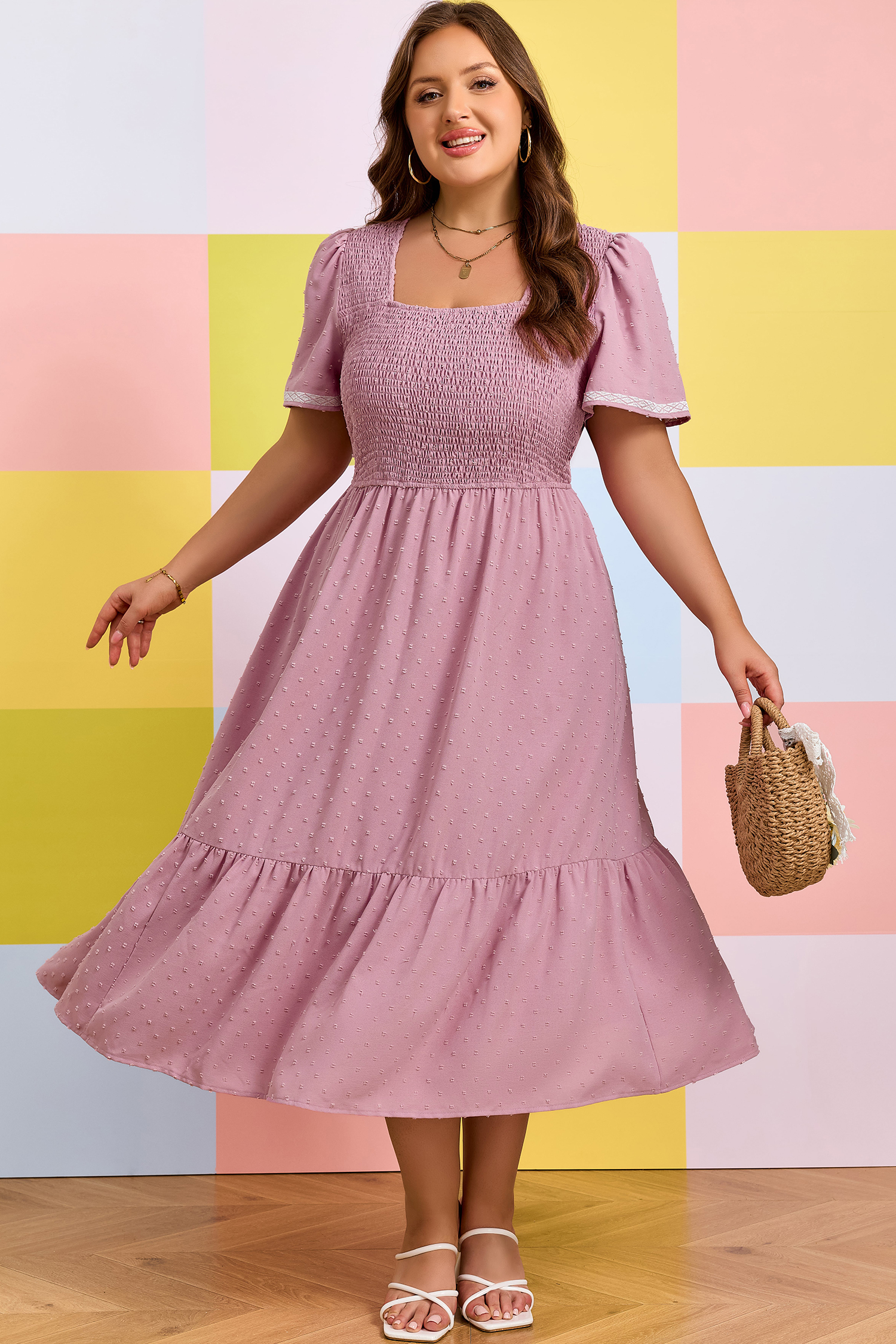 Plus Size Pink  Swiss Dot Short Sleeve Smocked High Waist Flowy Midi Dress