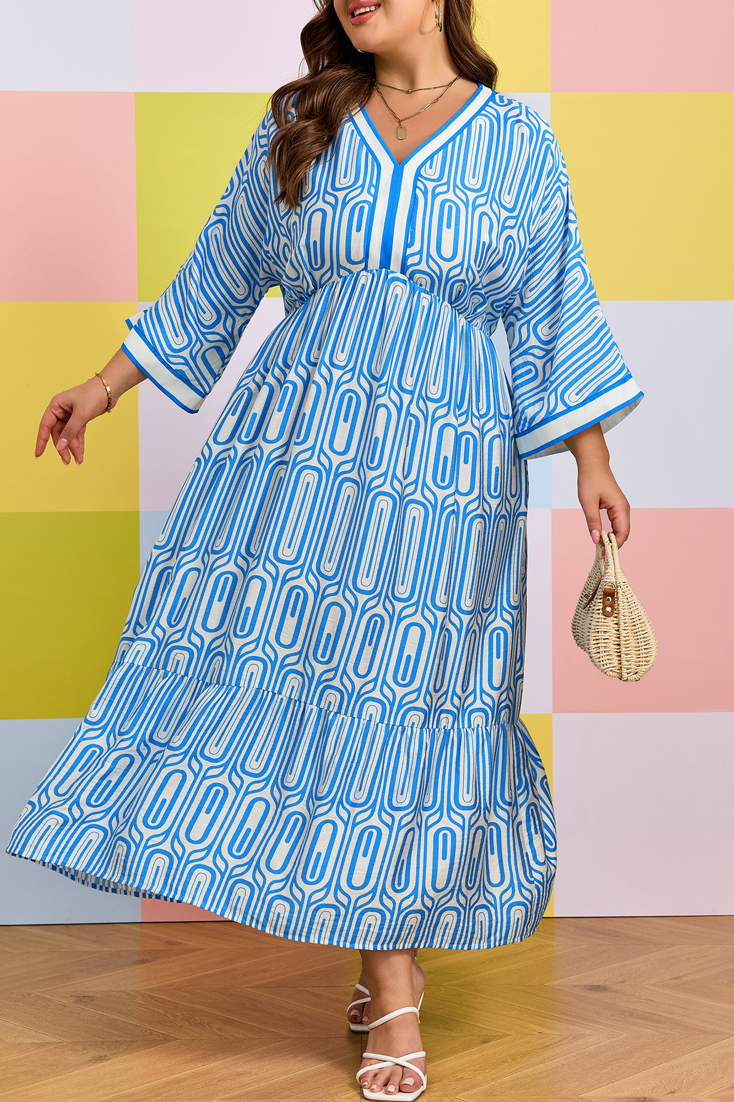 Plus Size Sky Blue  Geometric Print Contrast Trim V Neck Bracelet Sleeve Long Dress