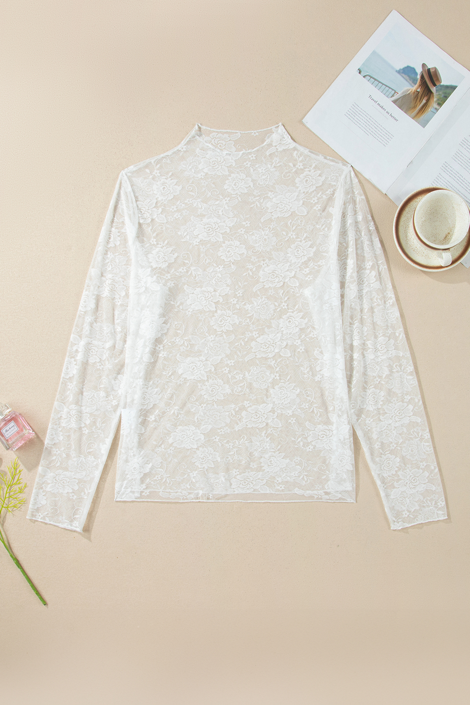 Plus Size White  Floral Mesh Long Sleeve Top