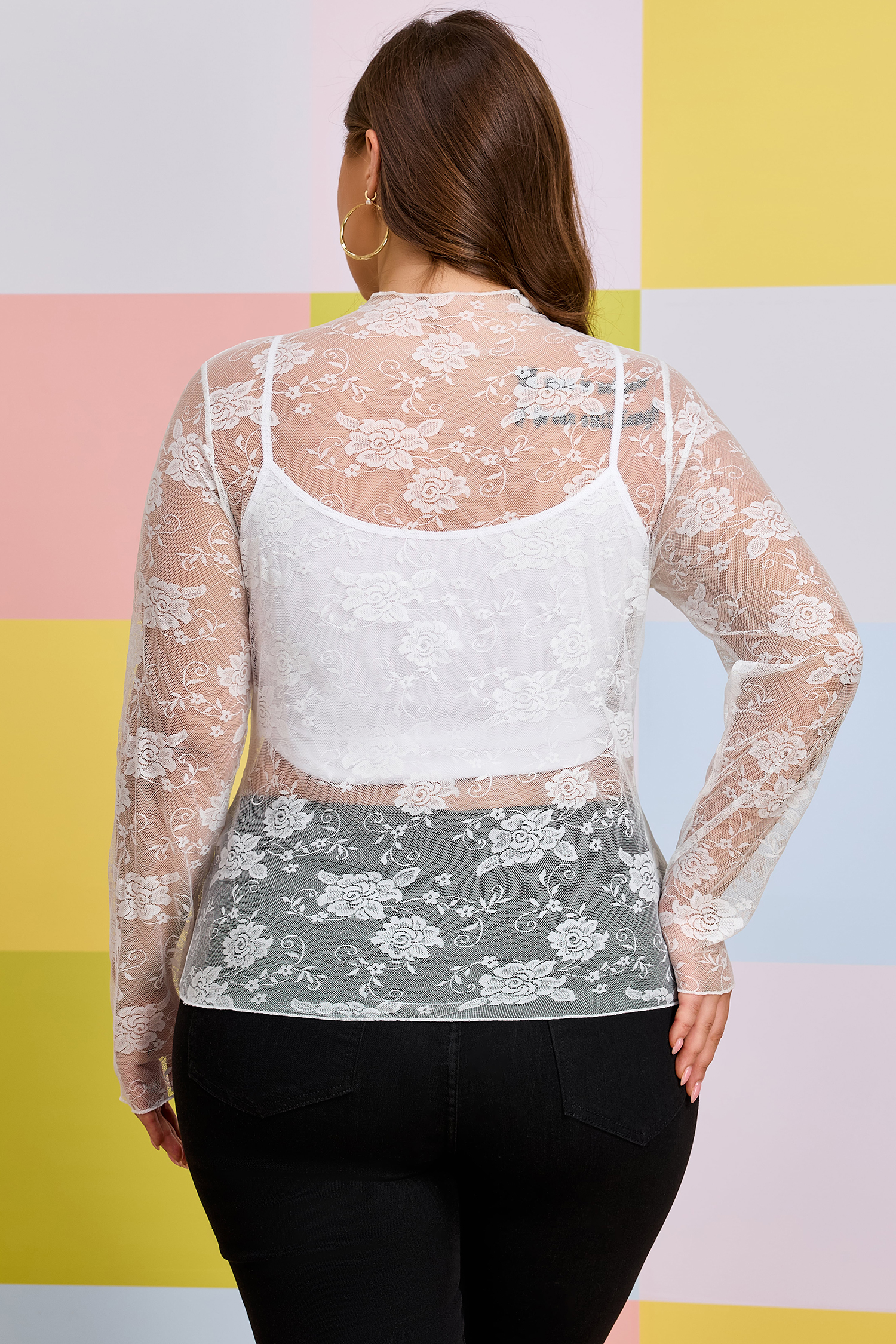 Plus Size White  Floral Mesh Long Sleeve Top