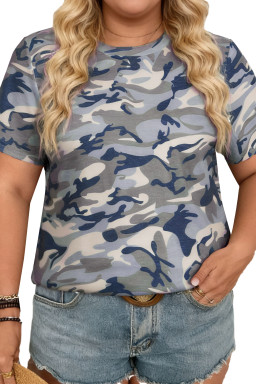 Plus Size Green  Camo Print Crew Neck Short Sleeve Tee