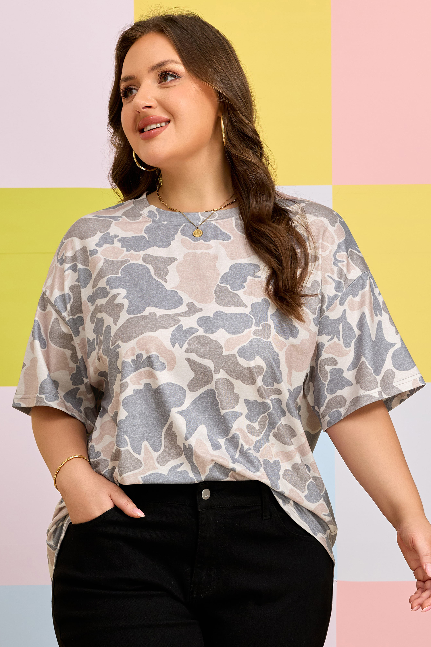 Plus Size Multicolour Retro Camouflage Print  T Shirt