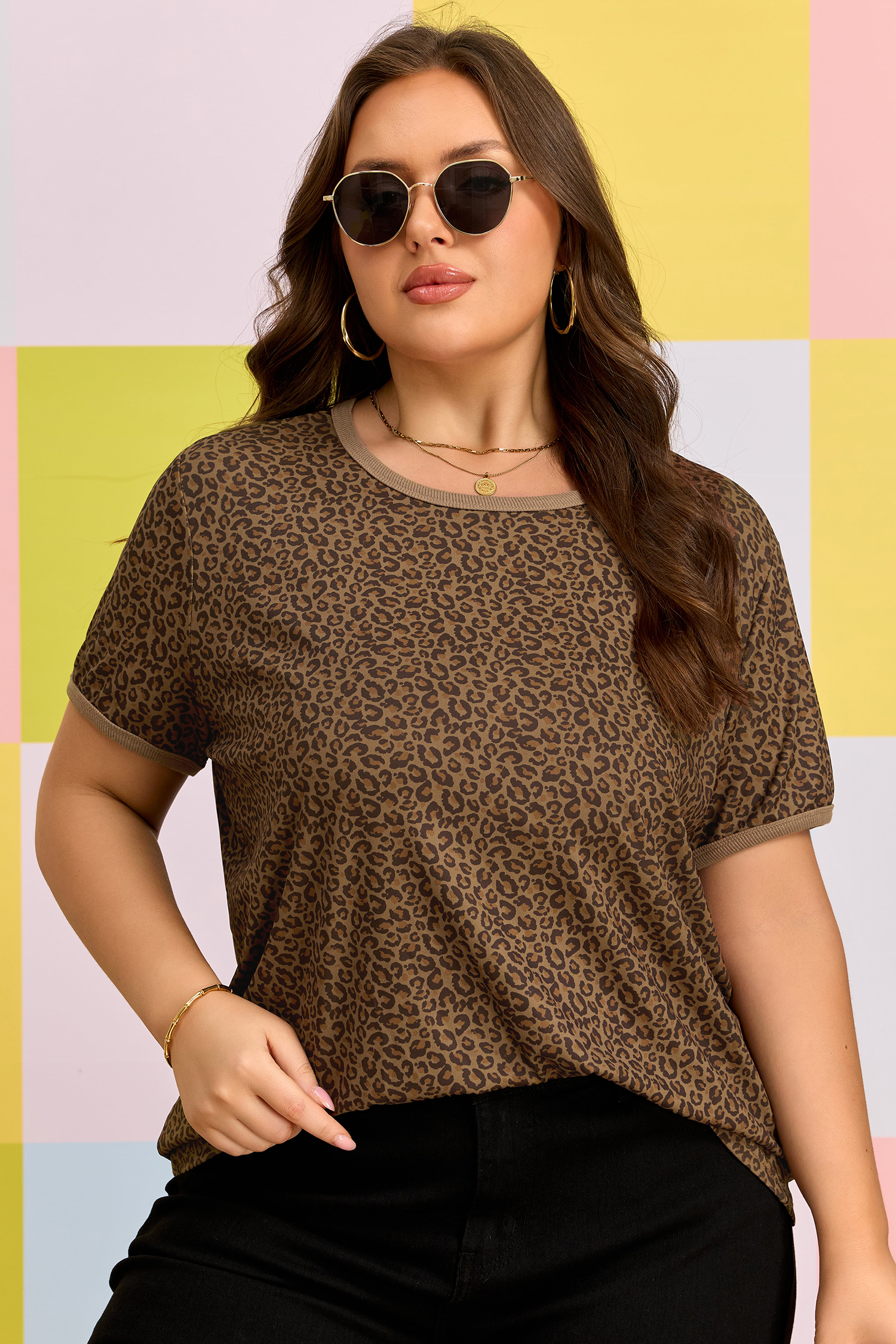 Plus Size Khaki  Leopard Print Ribbed Trim Round Neck Tee