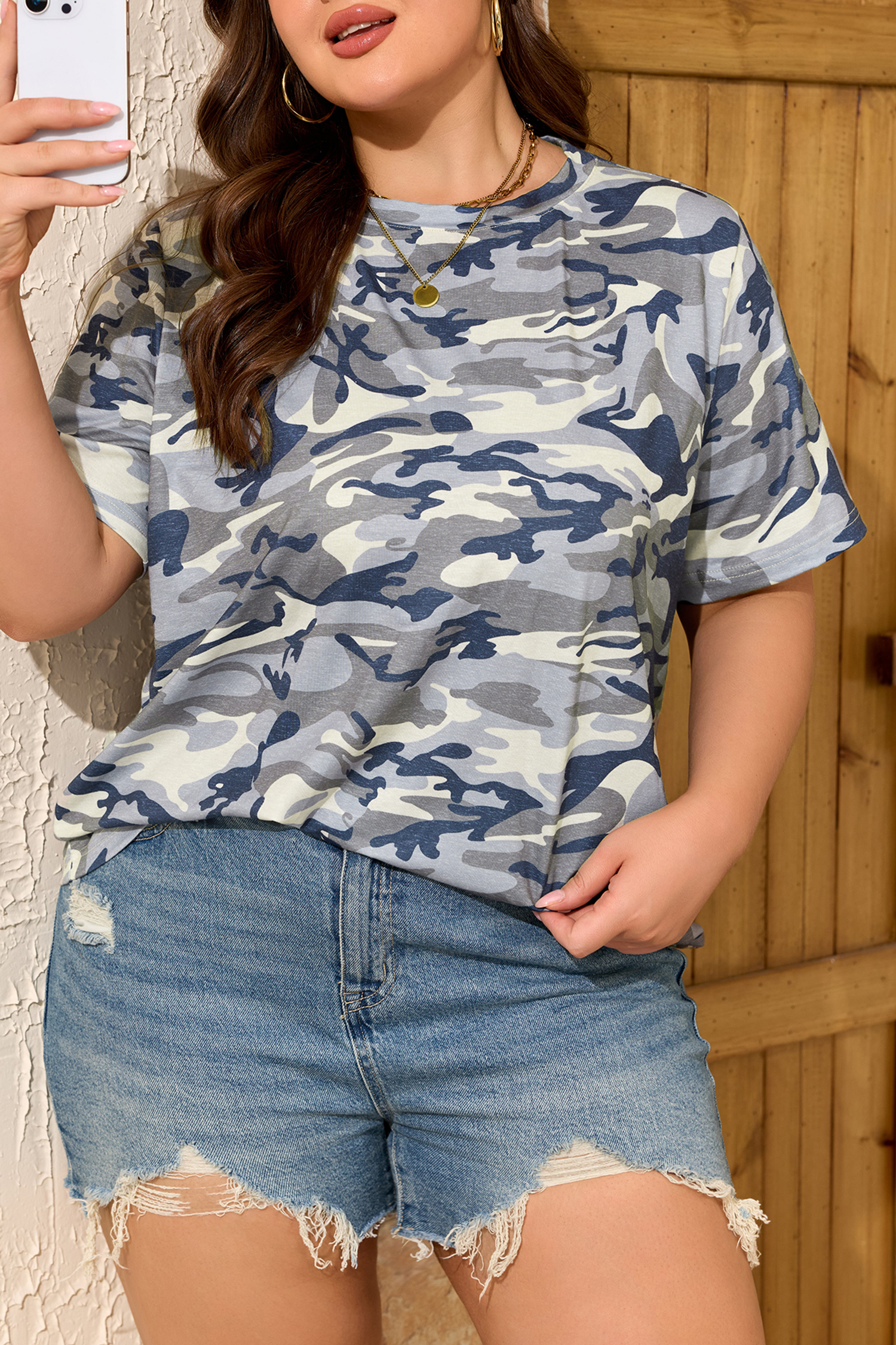 Plus Size Green  Camo Print Crew Neck Short Sleeve Tee