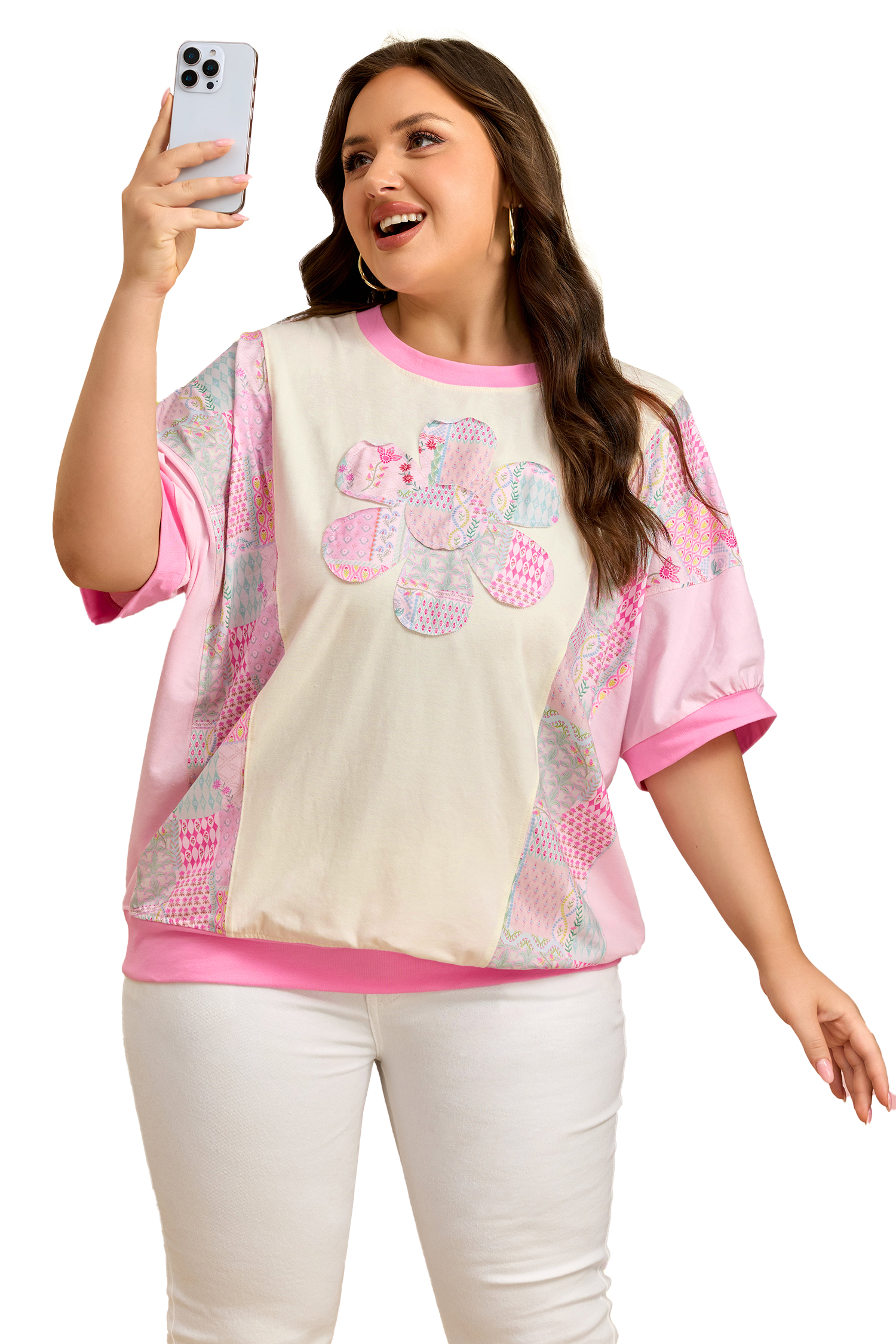 Plus Size Beige  Floral Patchwork Short Sleeve Patch Embroidery Cotton T Shirt