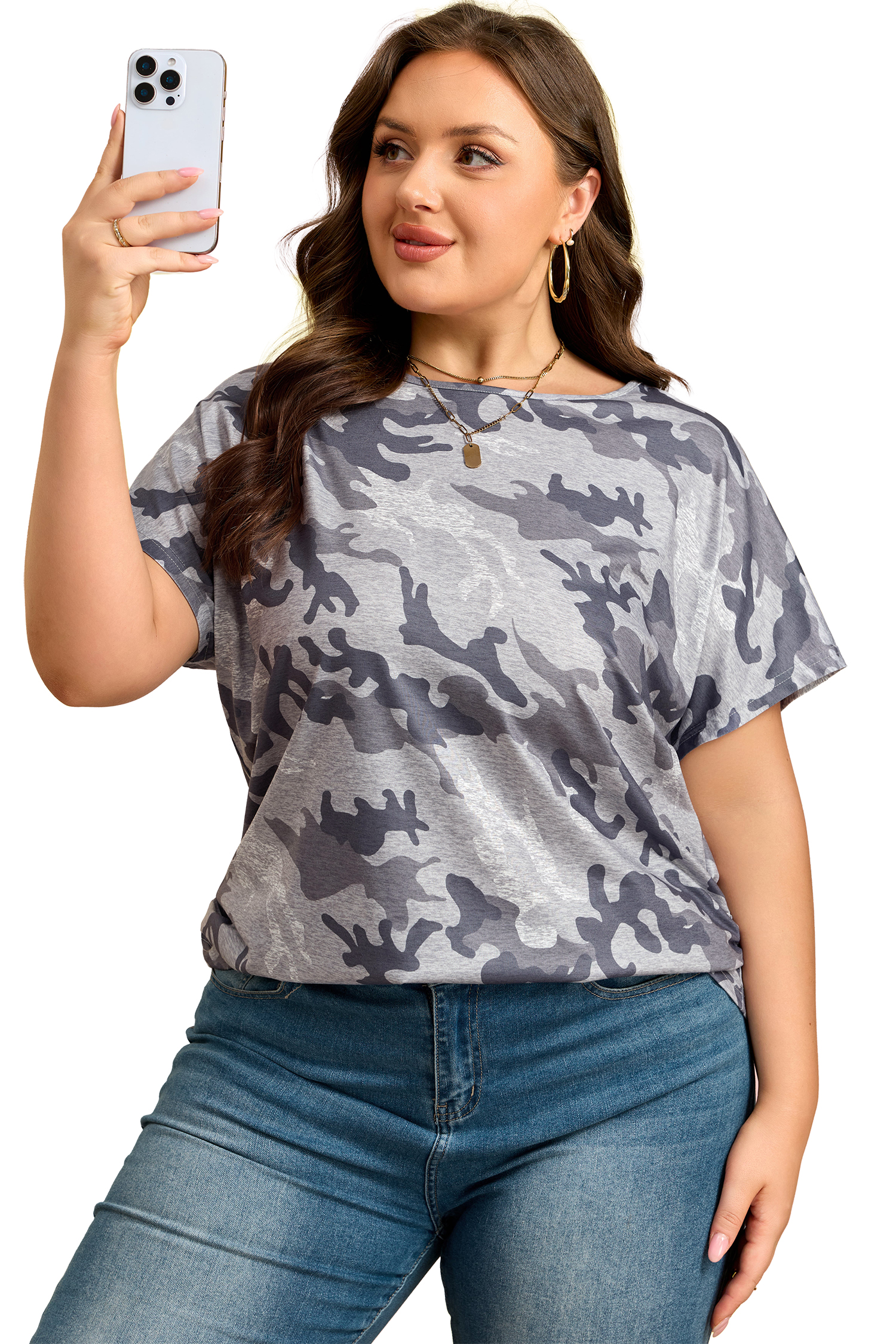 Plus Size Gray  Camo Print Casual T Shirt
