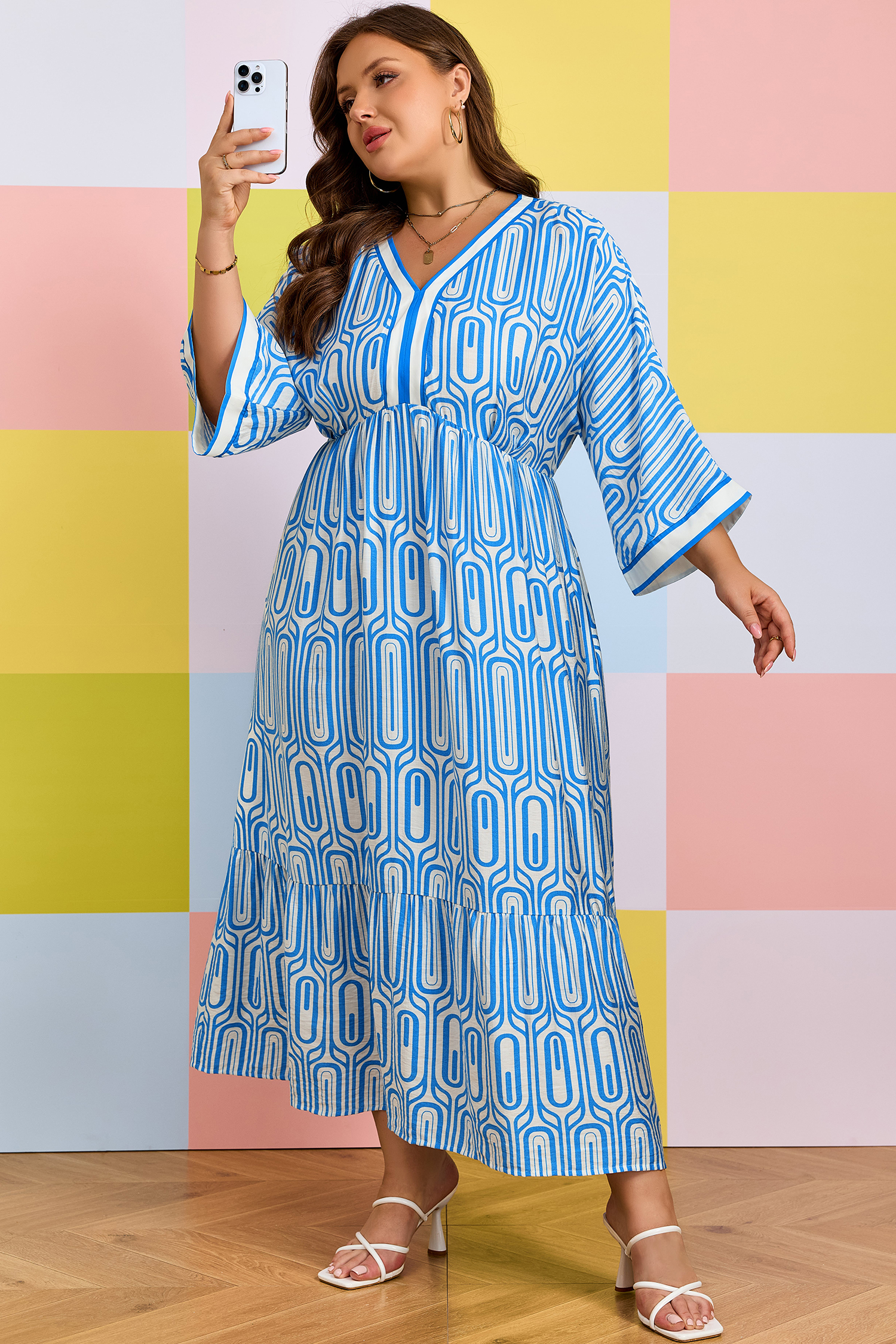 Plus Size Sky Blue  Geometric Print Contrast Trim V Neck Bracelet Sleeve Long Dress