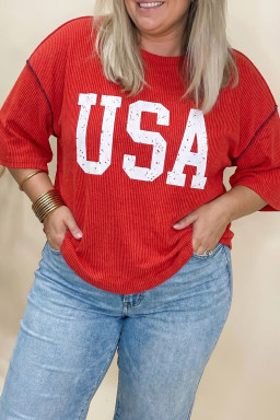 Plus Size Fiery Red  Twisted Rib Vintage USA Letter Printed T Shirt