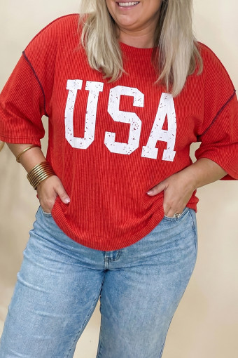 Plus Size Fiery Red  Twisted Rib Vintage USA Letter Printed T Shirt
