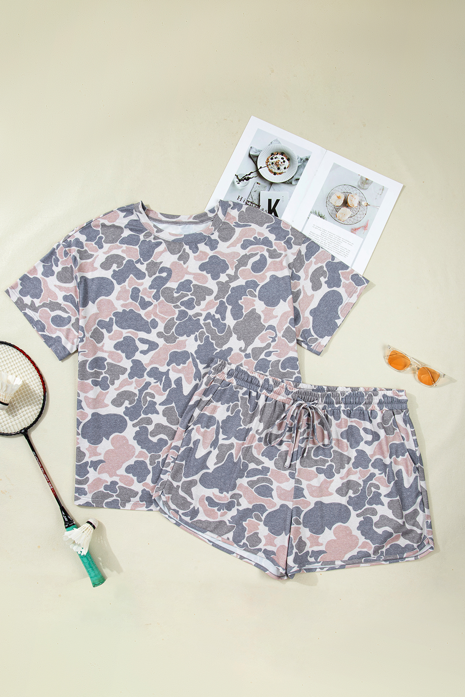 Plus Size Multicolour  Camouflage Print Casual Tee and Shorts Set