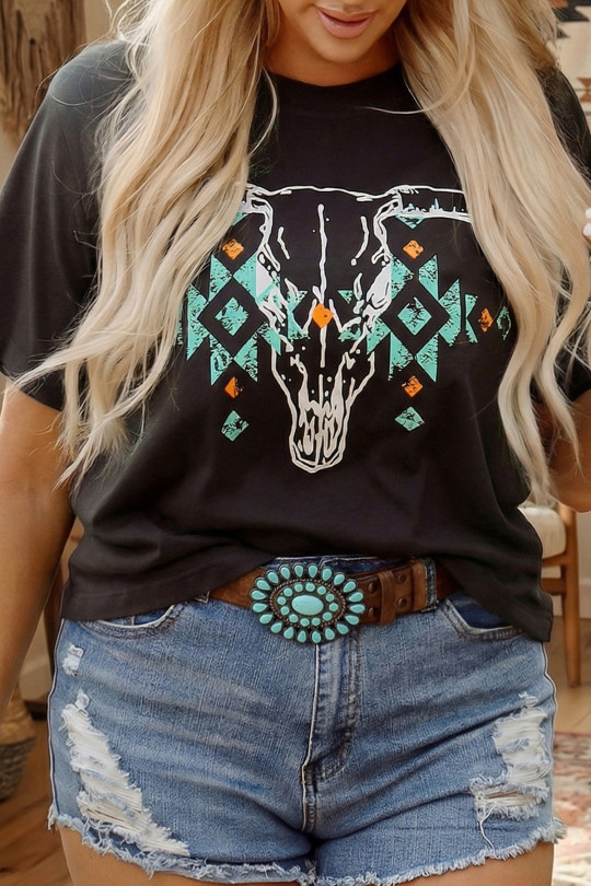 Plus Size Carbon Grey  Western Aztec Bull Skull Printed T Shirt