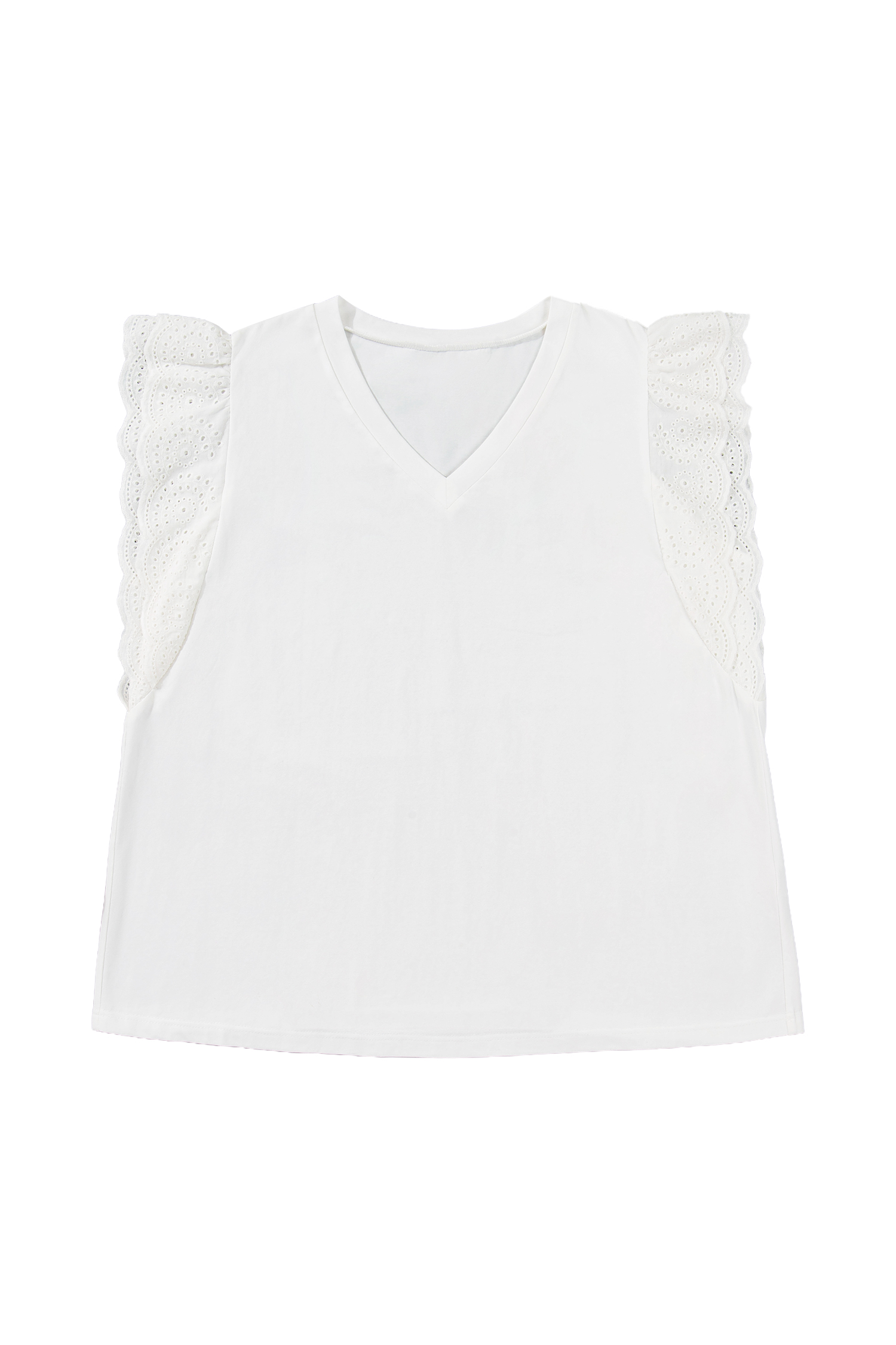 Plus Size White Eyelet Crochet Splicing Short Sleeve  Tee