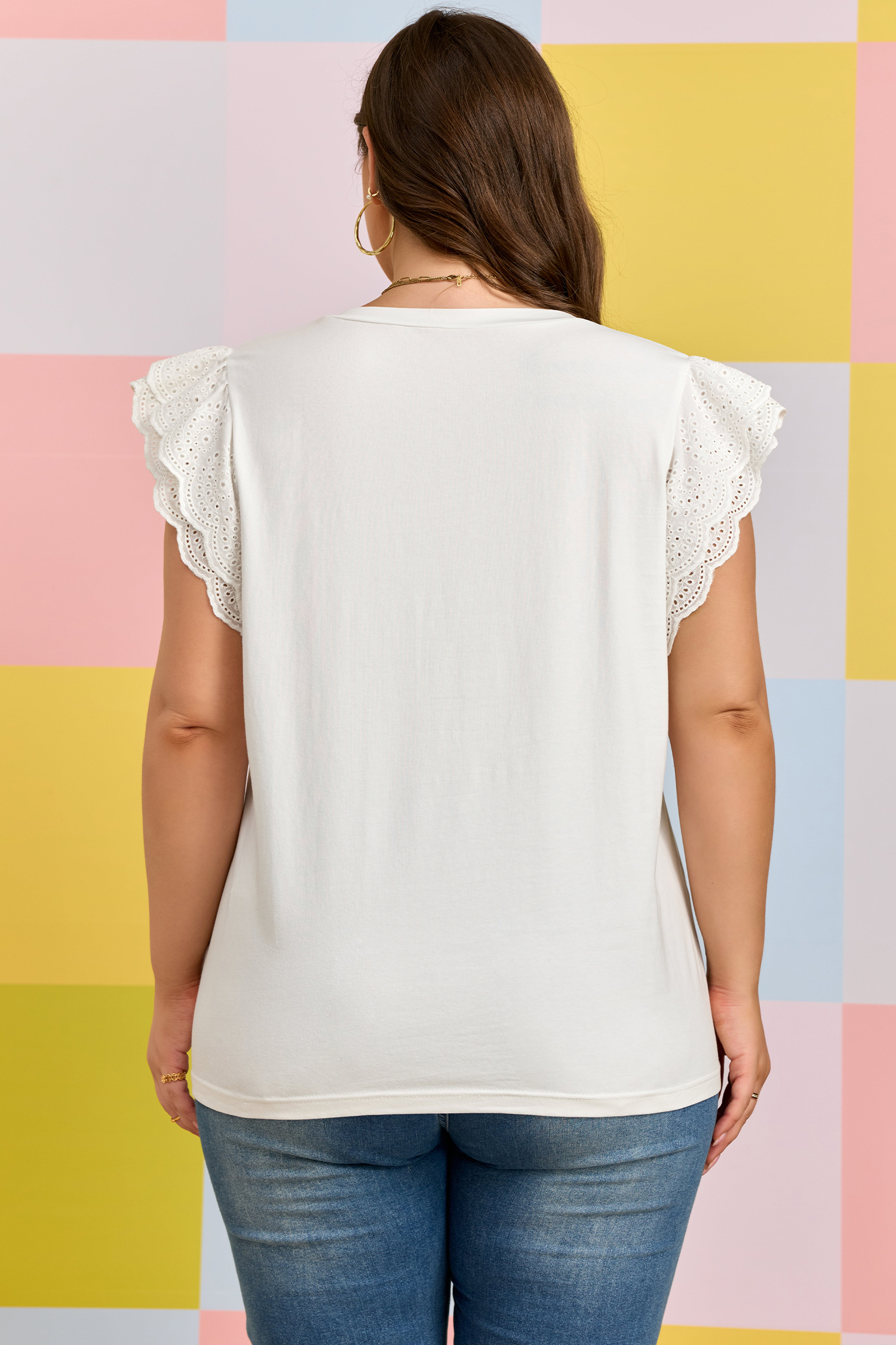 Plus Size White Eyelet Crochet Splicing Short Sleeve  Tee