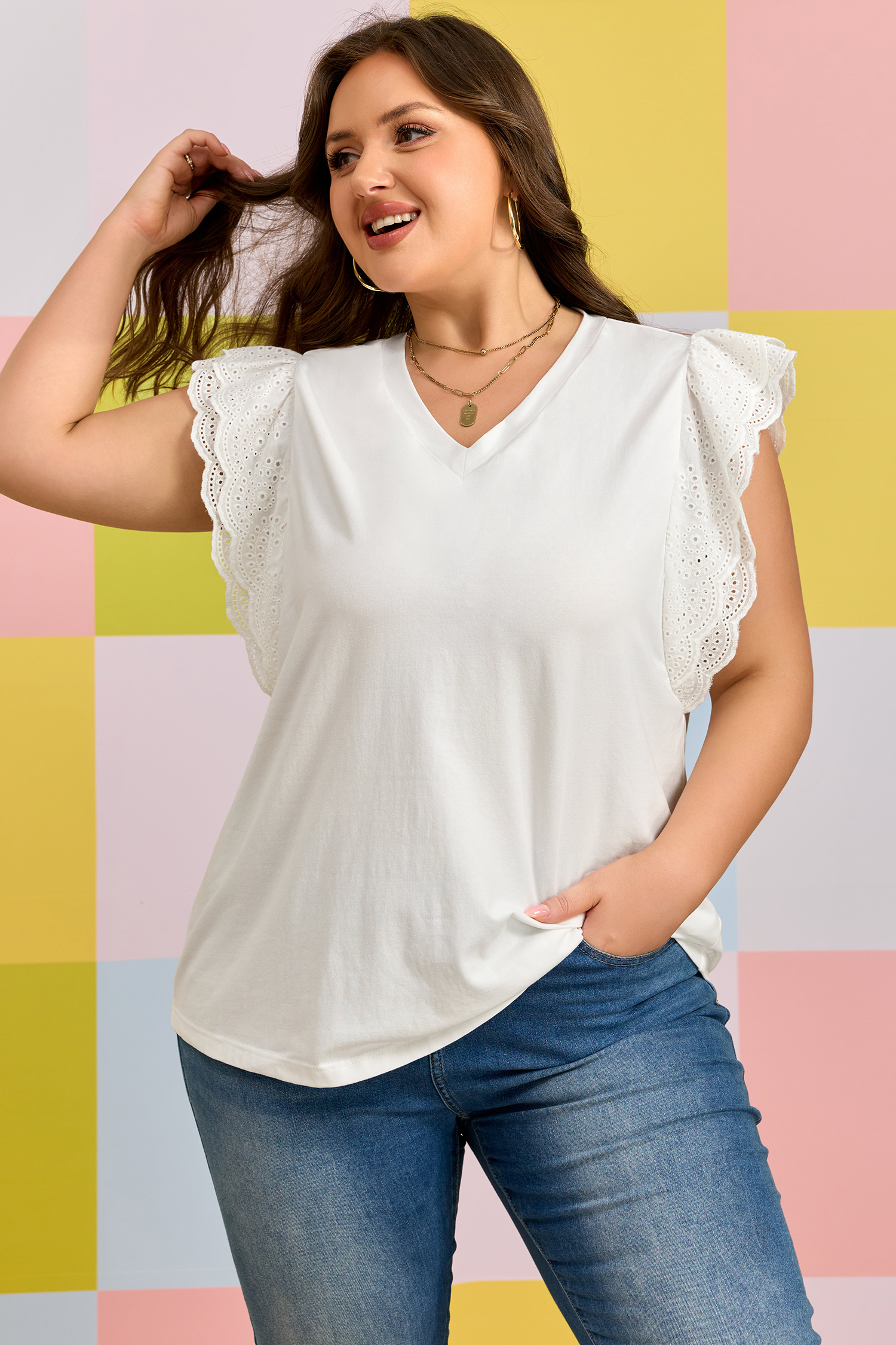 Plus Size White Eyelet Crochet Splicing Short Sleeve  Tee