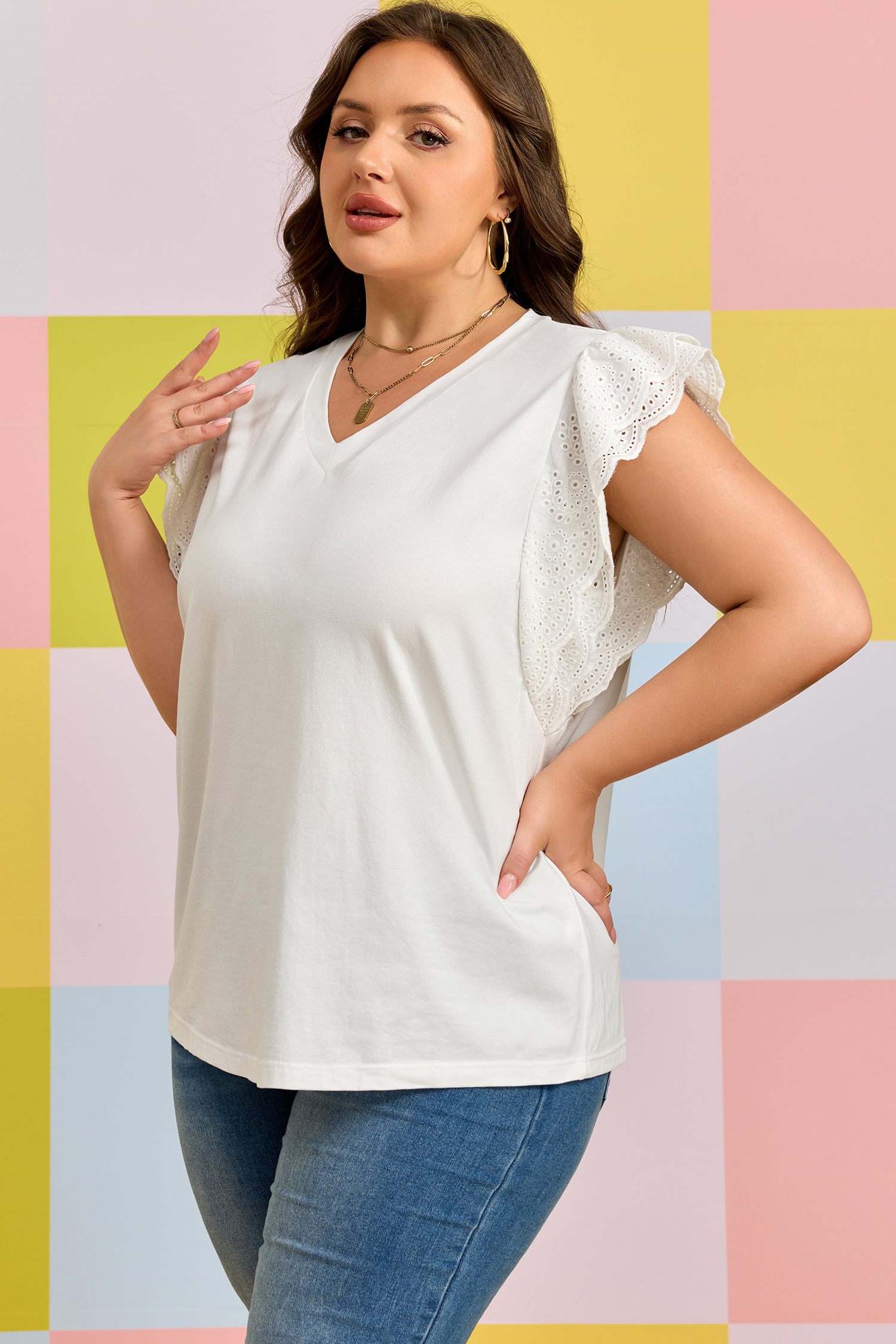 Plus Size White Eyelet Crochet Splicing Short Sleeve  Tee