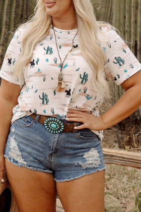 Plus Size Beige  Western Print Dropped Shoulder Tee