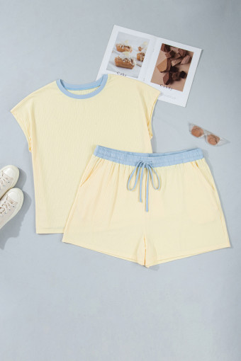 Plus Size Yellow Cream  Ribbed Color Block Trim Drawstring Shorts 2pcs Set