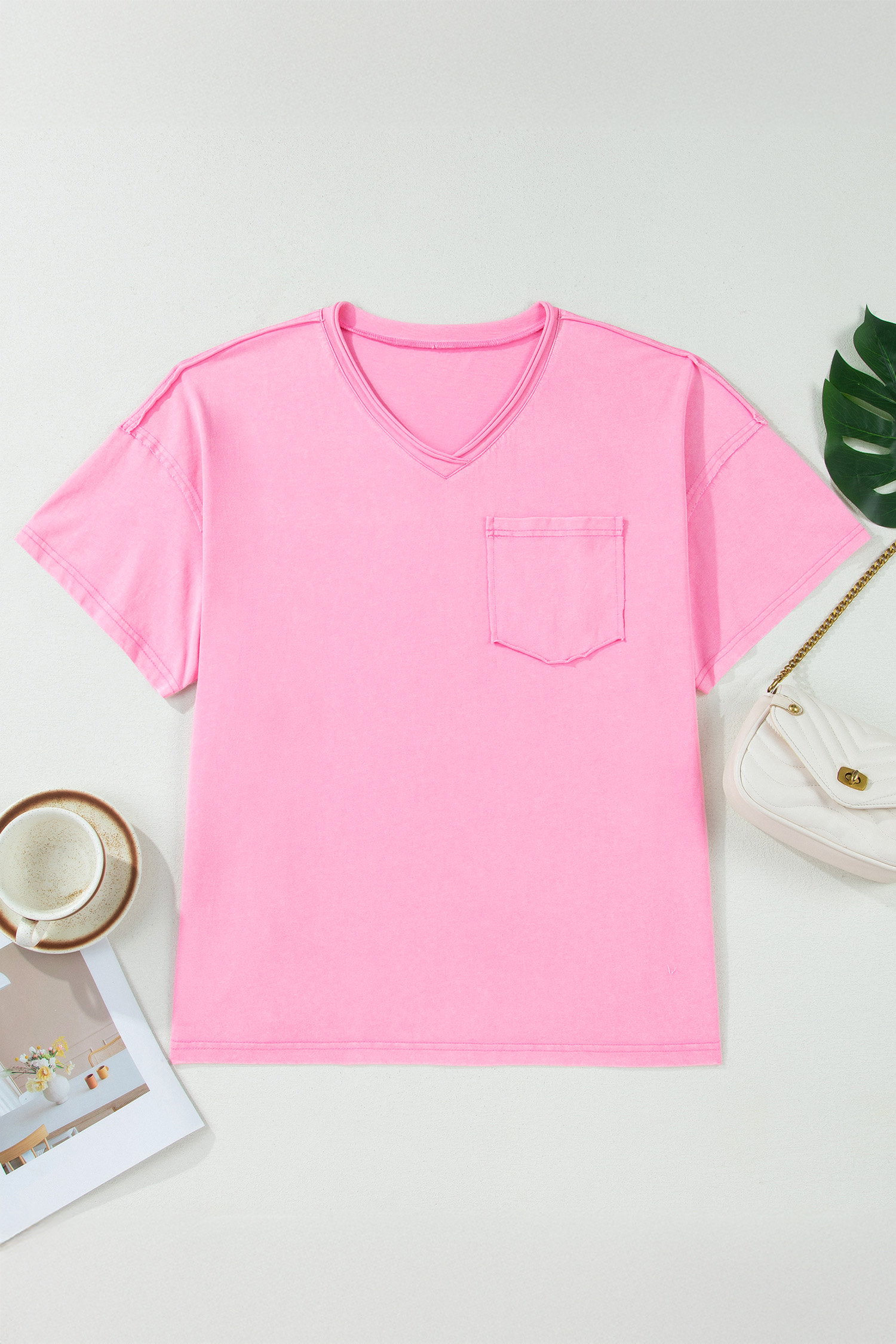 Plus Size Sachet Pink  Mineral Wash Raw Edge Round Neck Tee