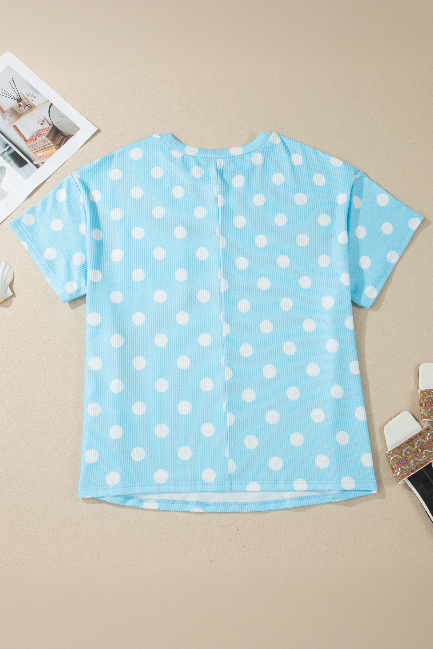 Plus Size Sky Blue Twisted Rib Polka Dot Print  T Shirt