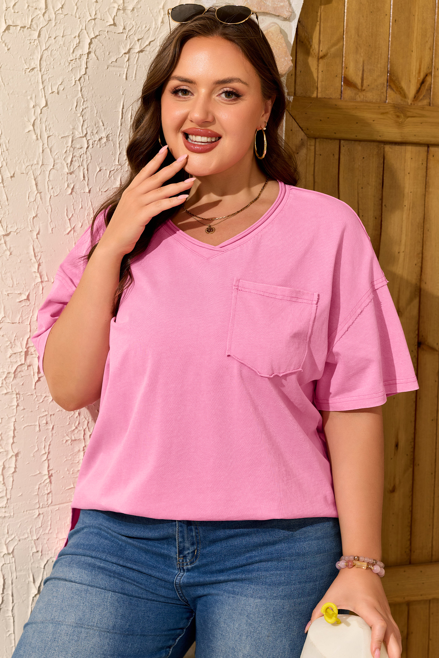 Plus Size Sachet Pink  Mineral Wash Raw Edge Round Neck Tee