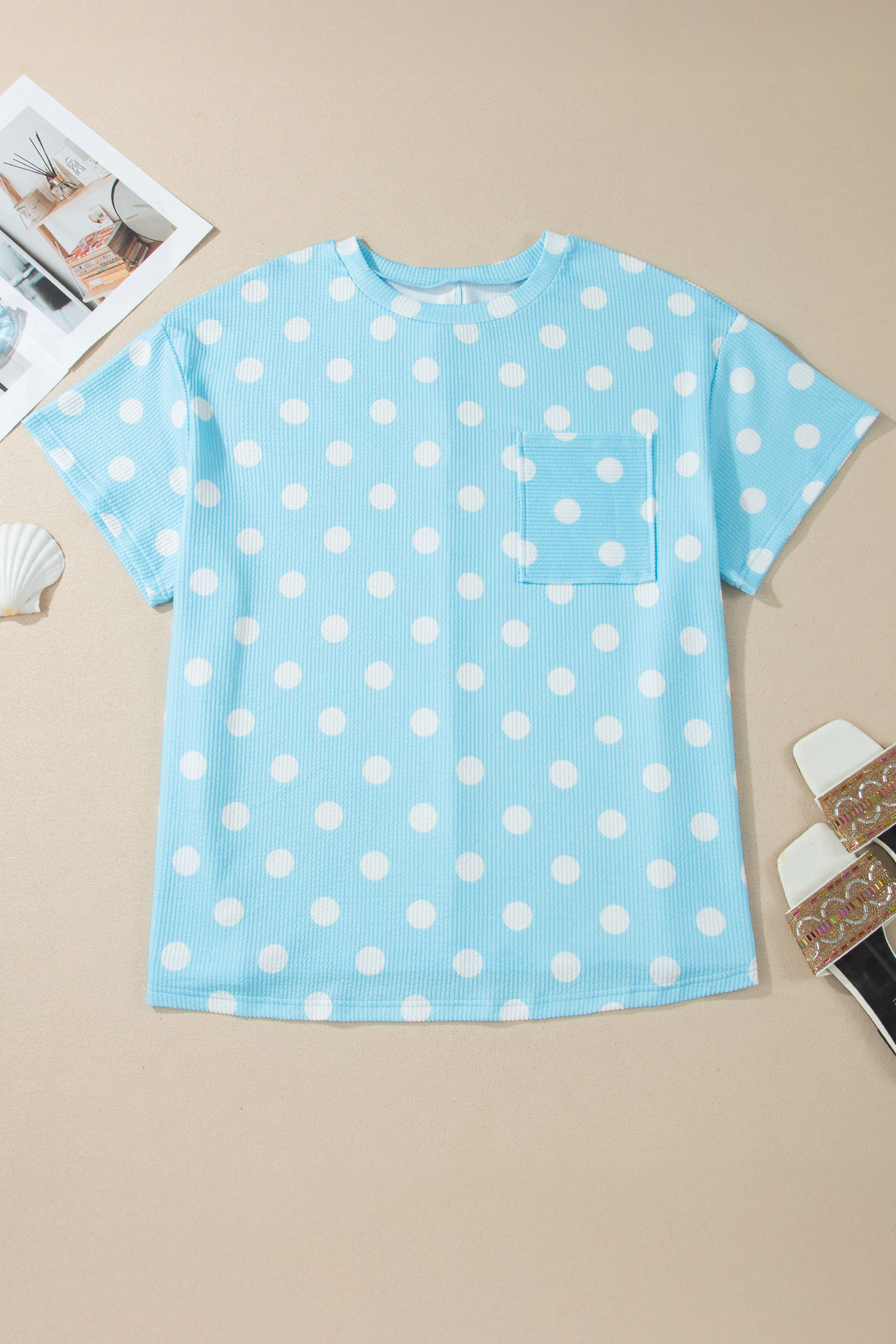 Plus Size Sky Blue Twisted Rib Polka Dot Print  T Shirt