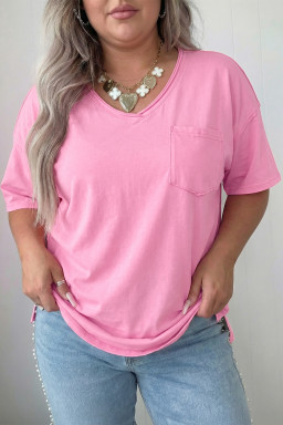 Plus Size Sachet Pink  Mineral Wash Raw Edge Round Neck Tee