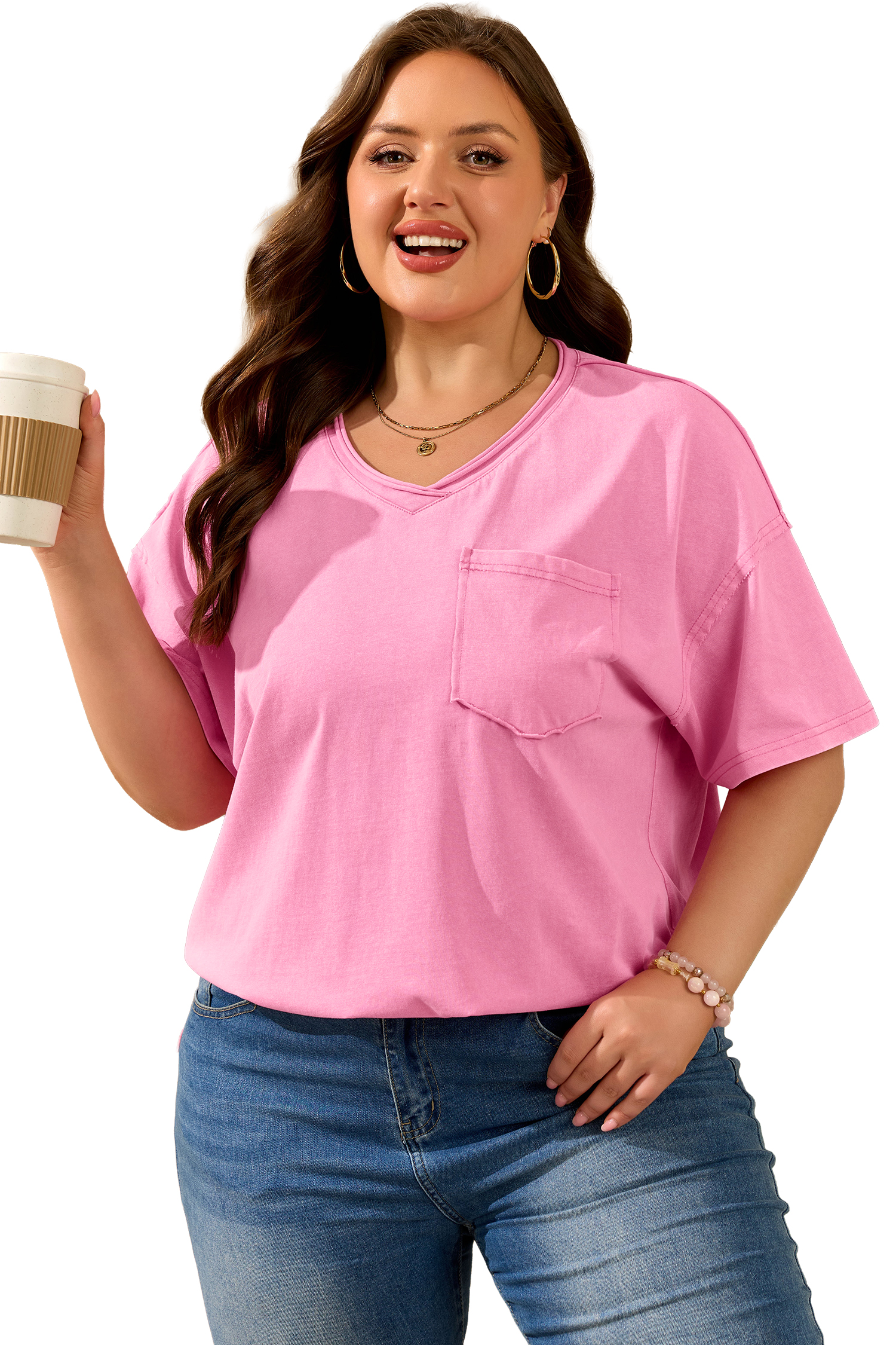 Plus Size Sachet Pink  Mineral Wash Raw Edge Round Neck Tee