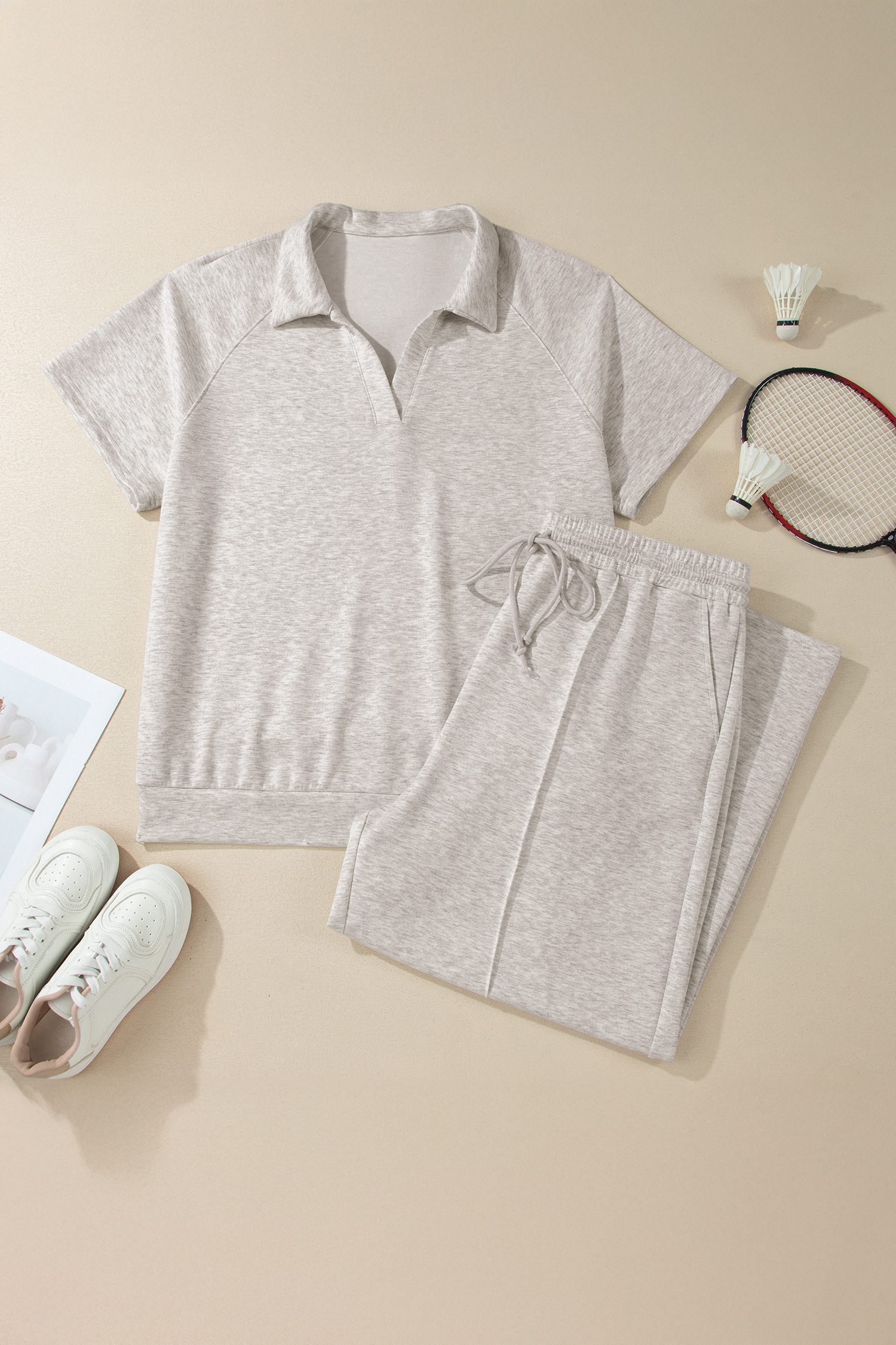 Plus Size Light Grey  V Neck Polo Tee Drawstring Loose Pants 2pcs Set