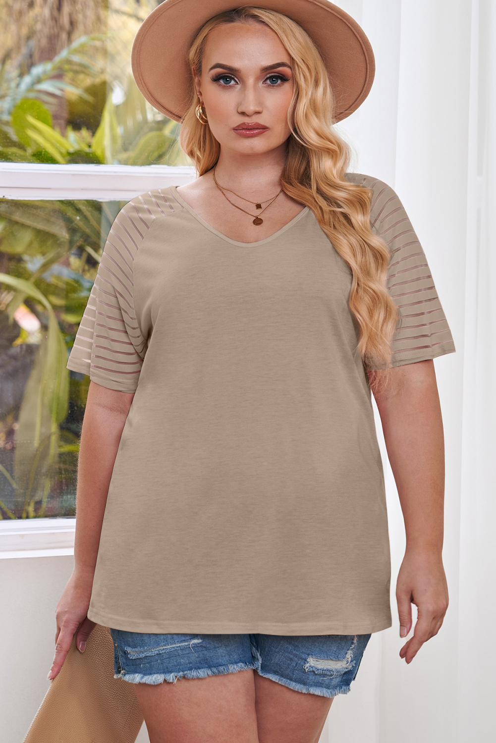 Plus Size Khaki Striped Raglan Sleeve  Tee