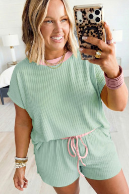 Plus Size Clearly Aqua  Ribbed Color Block Trim Drawstring Shorts 2pcs Set