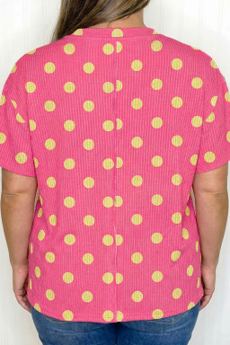 Plus Size Pink Twisted Rib Polka Dot Print  T Shirt