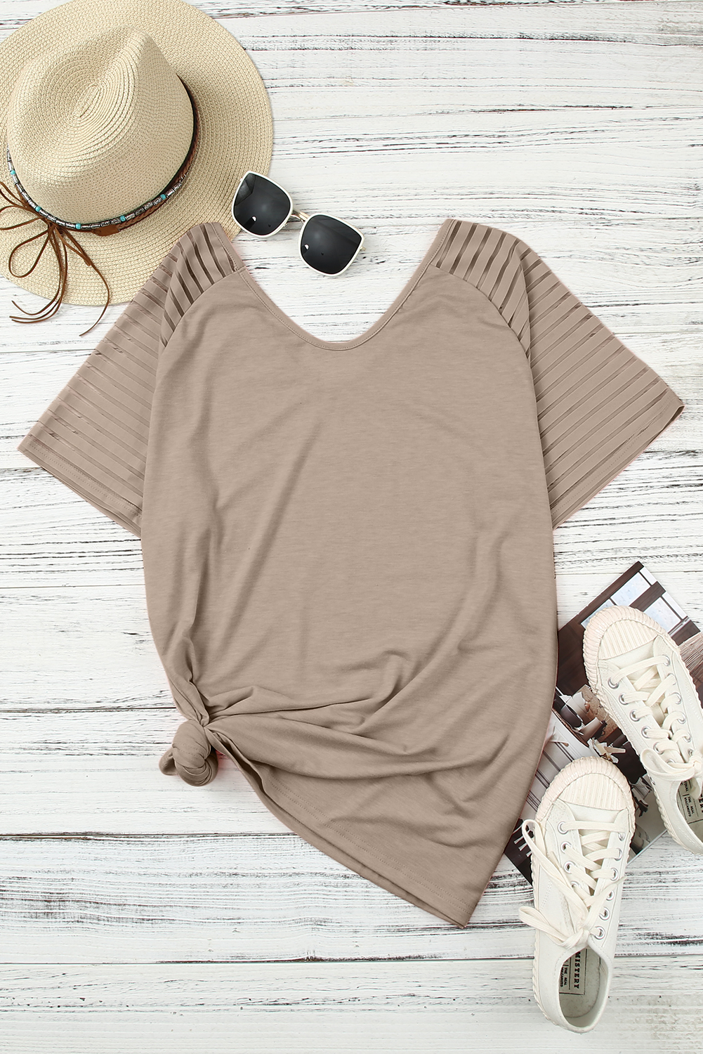 Plus Size Khaki Striped Raglan Sleeve  Tee