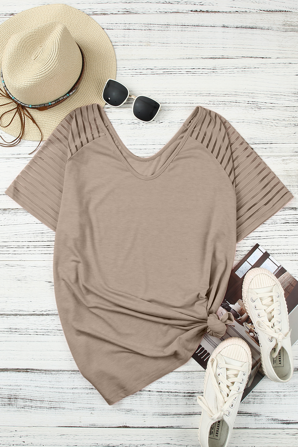 Plus Size Khaki Striped Raglan Sleeve  Tee