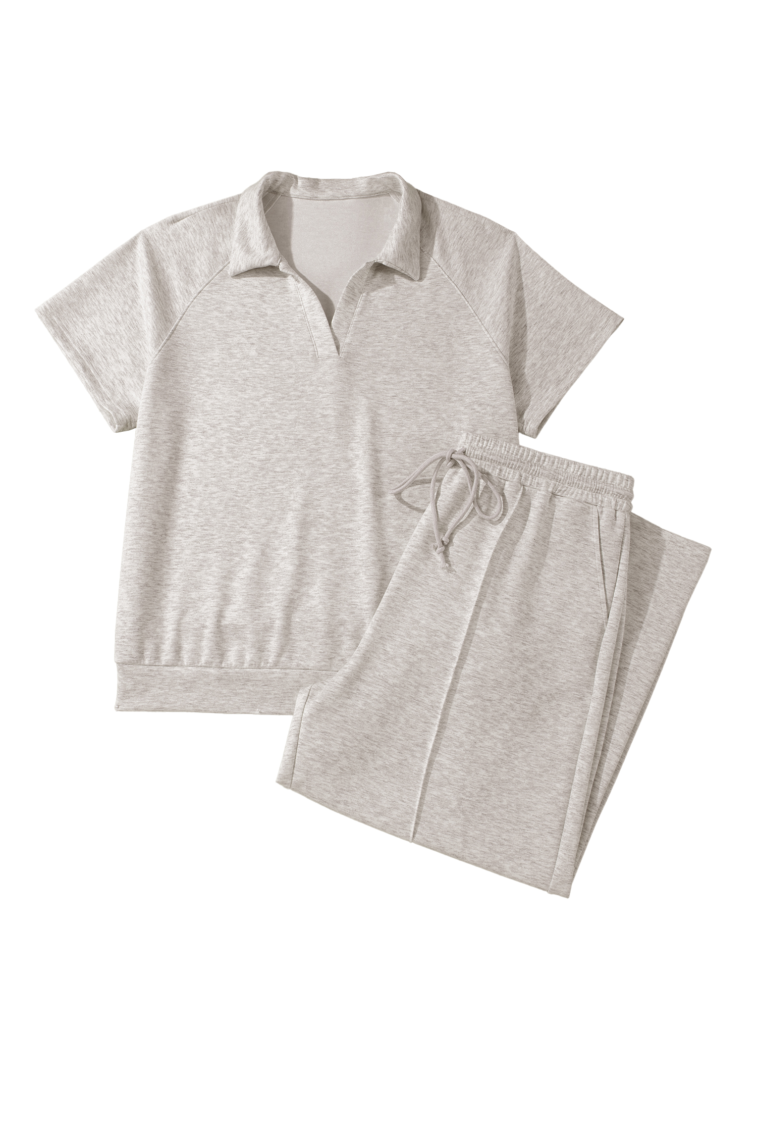 Plus Size Light Grey  V Neck Polo Tee Drawstring Loose Pants 2pcs Set