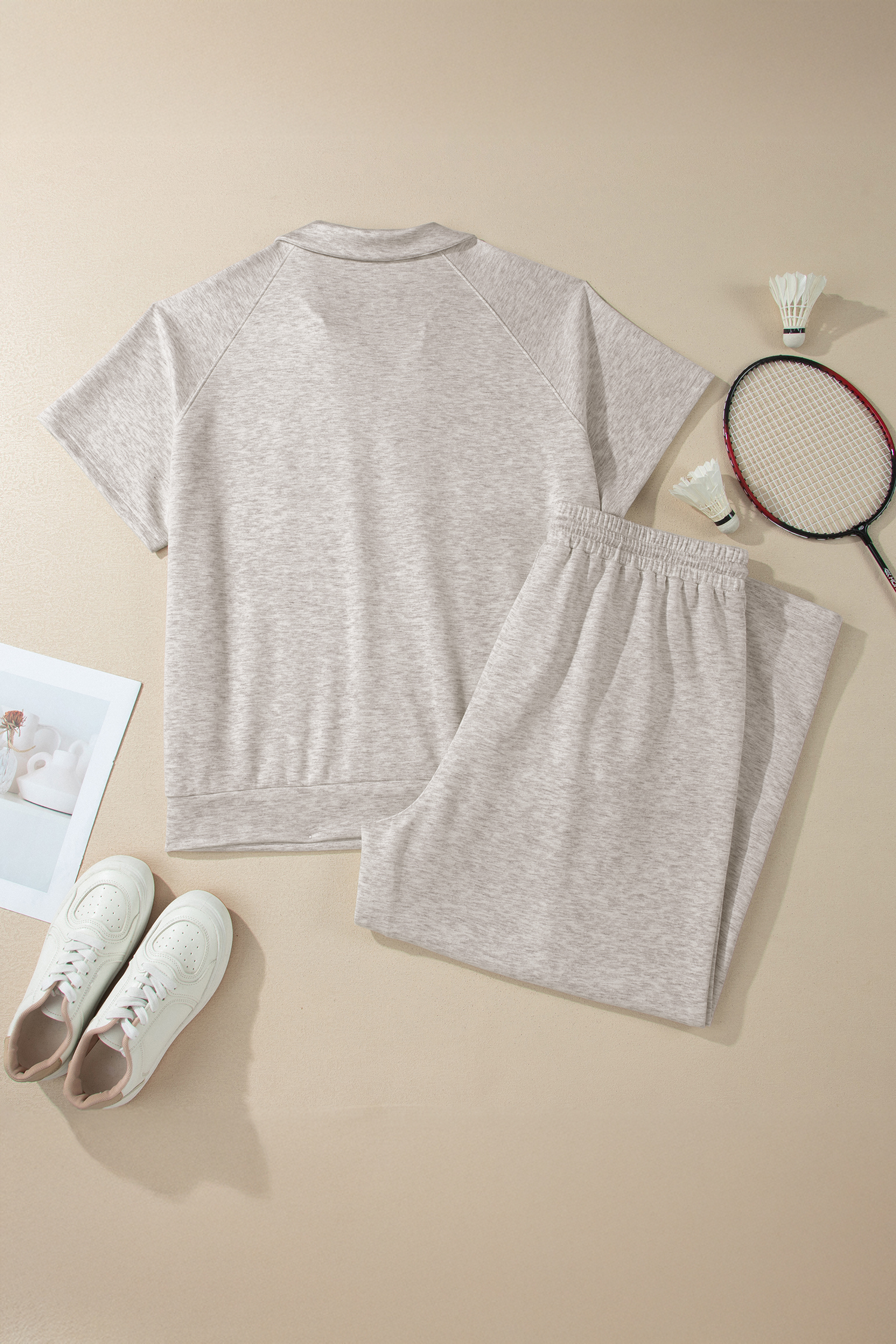 Plus Size Light Grey  V Neck Polo Tee Drawstring Loose Pants 2pcs Set