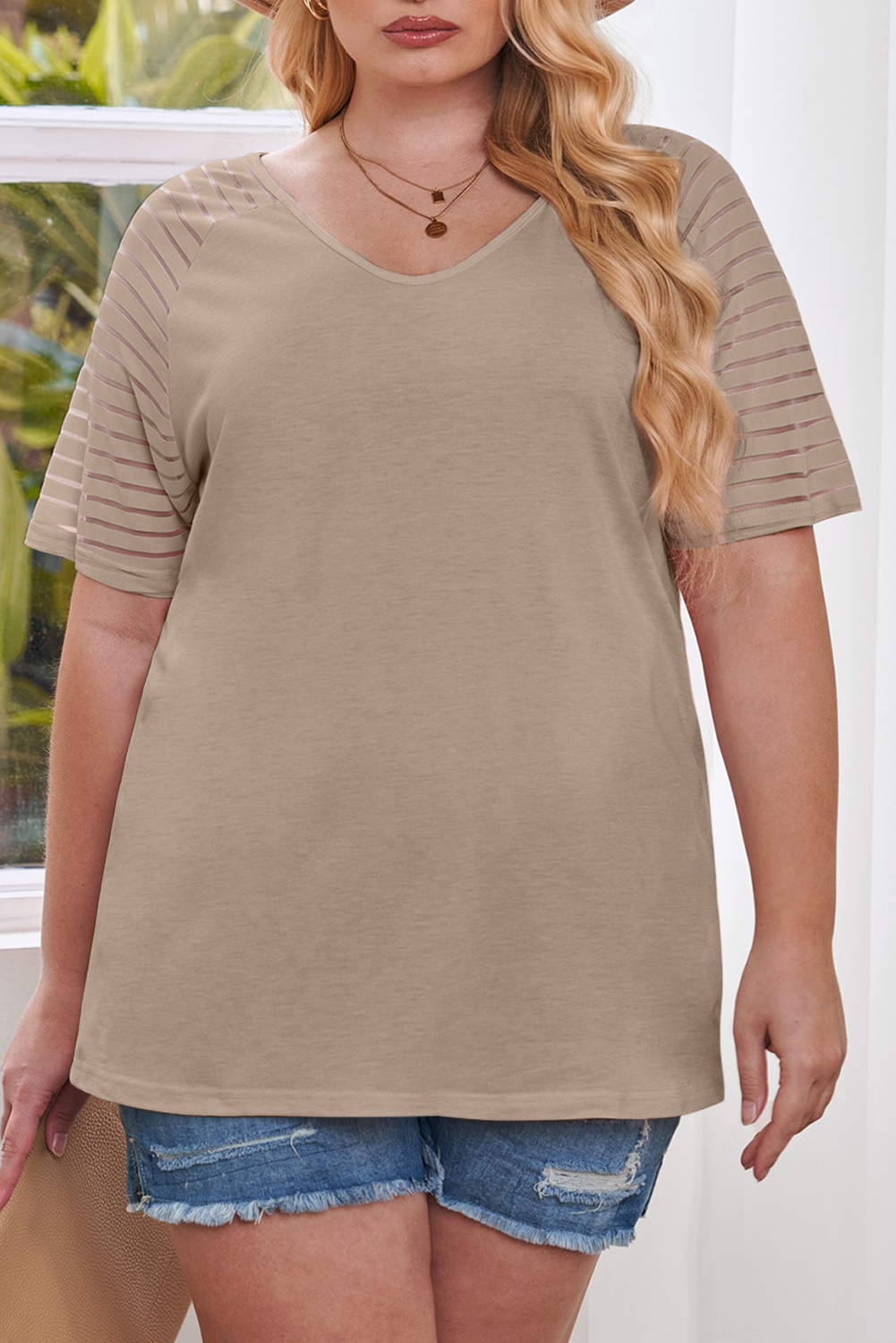 Plus Size Khaki Striped Raglan Sleeve  Tee