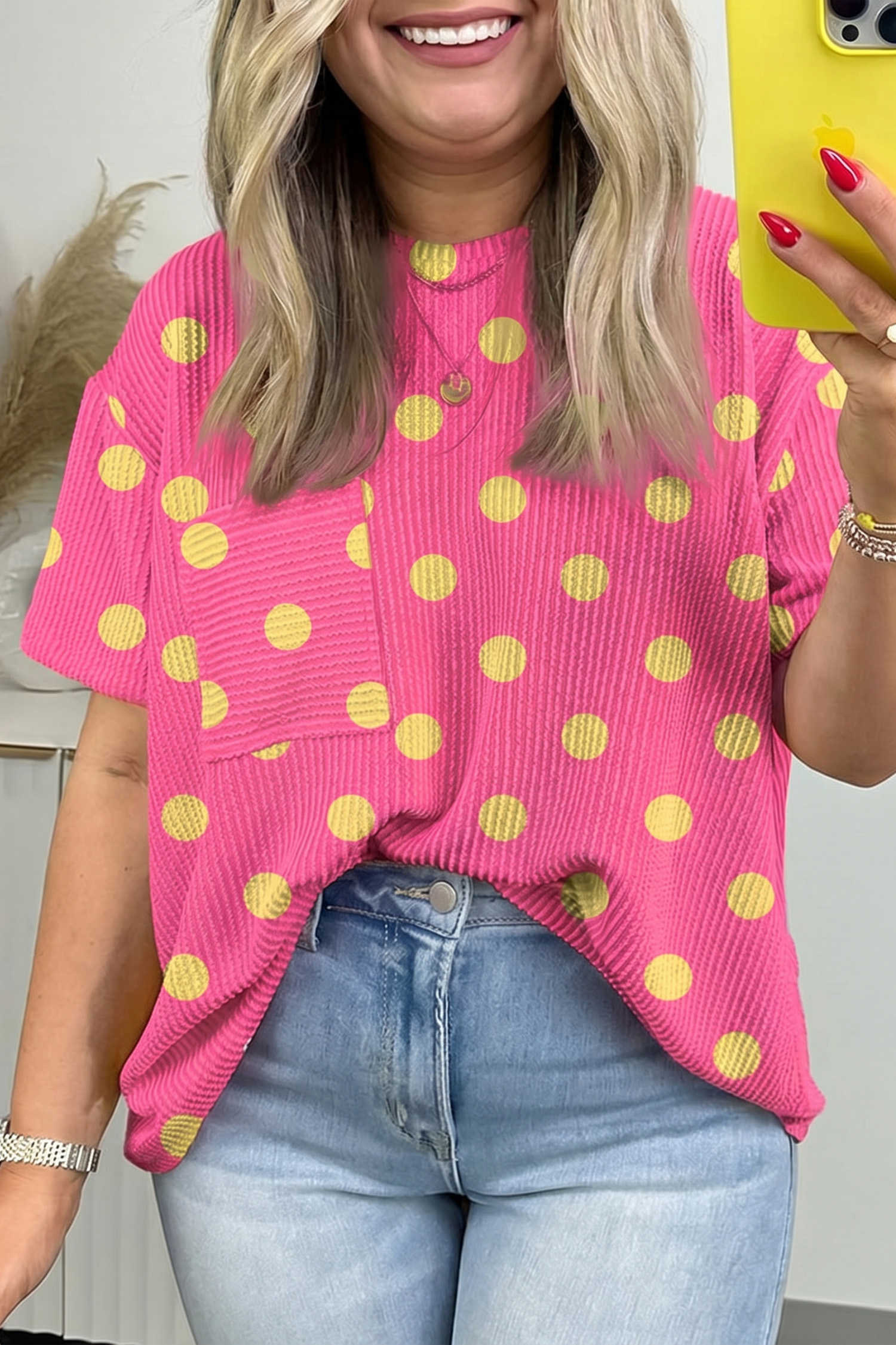 Plus Size Pink Twisted Rib Polka Dot Print  T Shirt