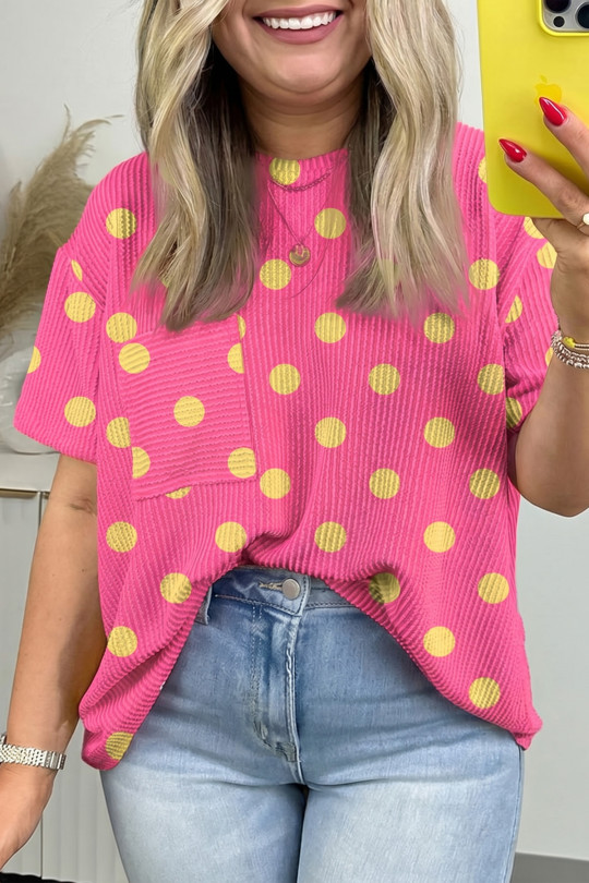 Plus Size Pink Twisted Rib Polka Dot Print  T Shirt