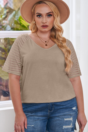Plus Size Khaki Striped Raglan Sleeve  Tee