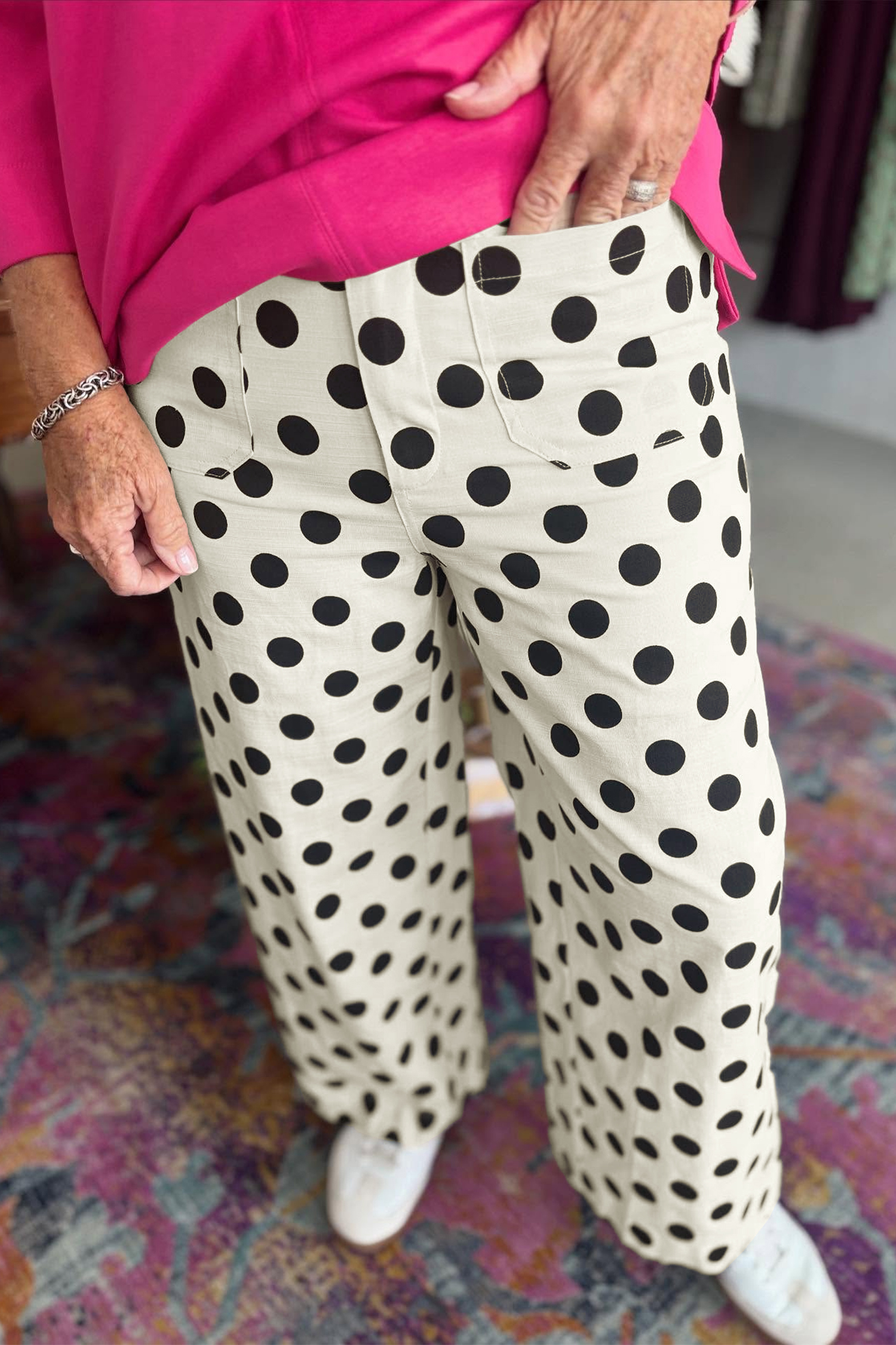 Plus Size White  Polka Dot Print Patch Pocket Womens Shift Pants