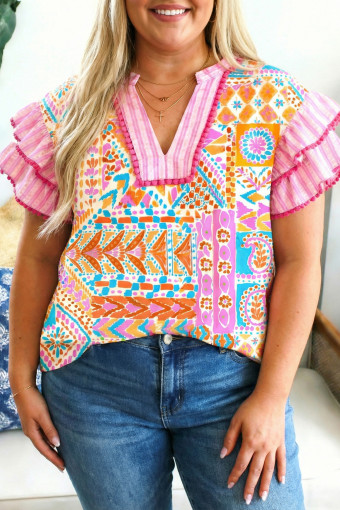 Plus Size Rose  Geometric Print Contrast Trim Striped V Neck Blouse
