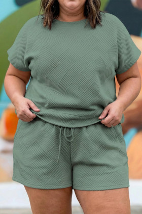 Plus Size Mineral Blue  Textured Short Sleeve Top Drawstring Shorts Set