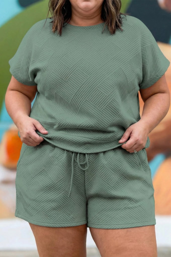 Plus Size Mineral Blue  Textured Short Sleeve Top Drawstring Shorts Set