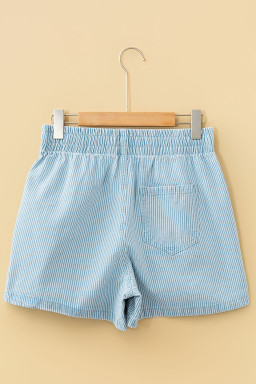 Plus Size Sky Blue Stripe  Contrast Drawstring Elastic Waist Denim Shorts