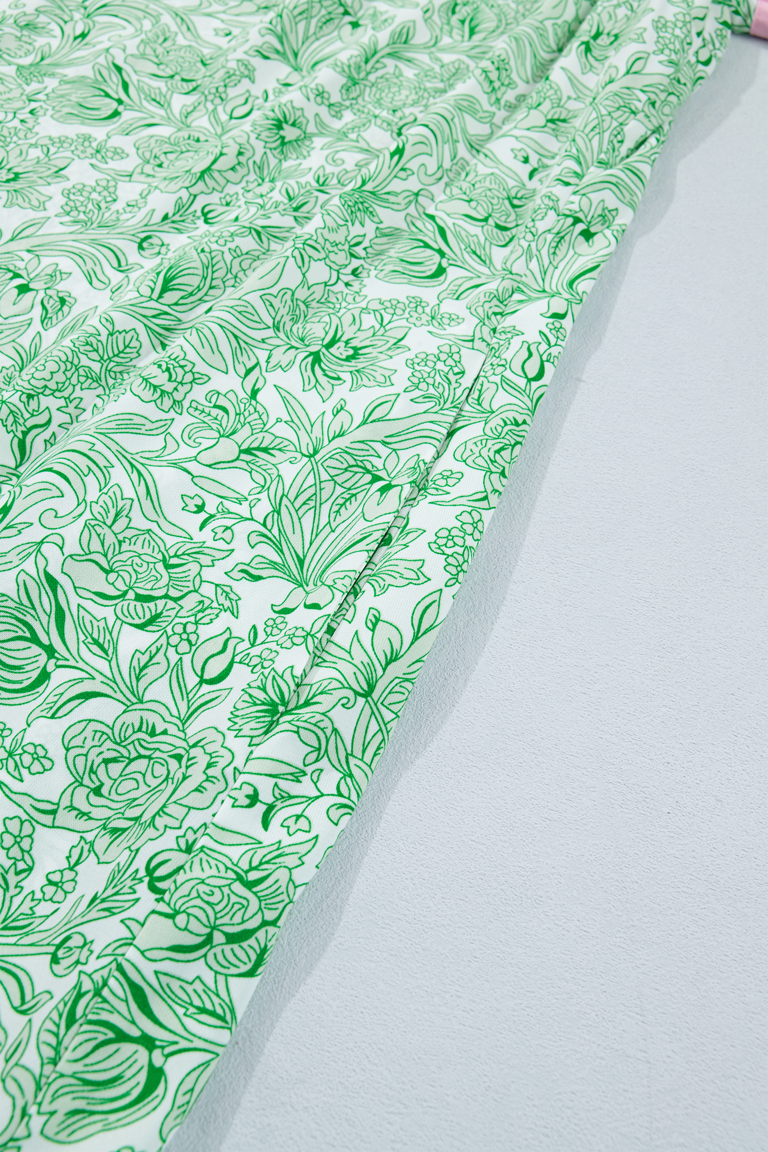 Plus Size Green  Contrast Trim Flutter Sleeve Floral Kaftan Maxi Dress
